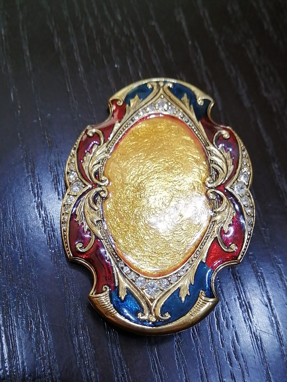 D'orlan Ornate Enamel Gold-tone Decorative VintageBrooch with Red & Blue Accents